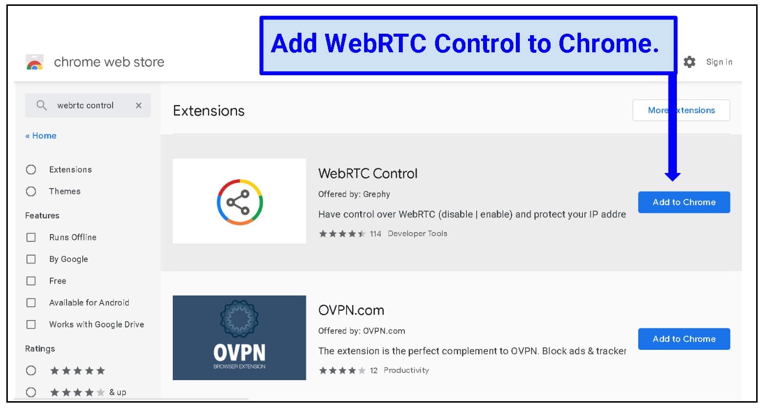 WebRTC control extensions page